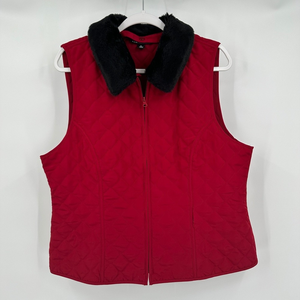 Womens Old Mone Red Quilted Faux Fur Collar Vest Size XL Equestrian Minimalist